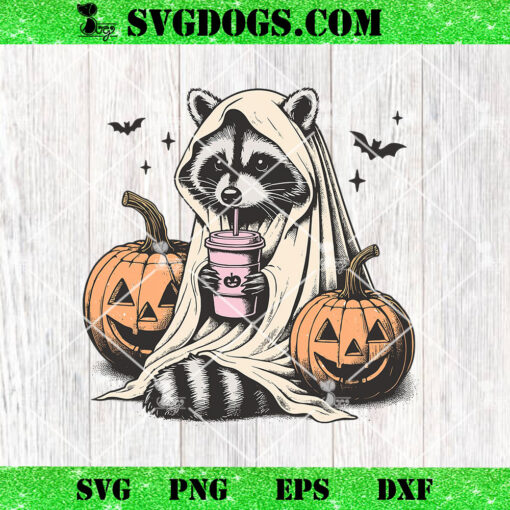 Cute Ghost Pumpkin Halloween Raccoon PNG, Costume Raccoon Drink Coffee PNG