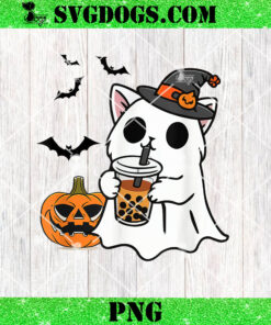 Cute Halloween Cat in Ghost Costume Drinking Boba Tea PNG, Ghost Pumpkin PNG