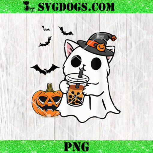 Cute Halloween Cat in Ghost Costume Drinking Boba Tea PNG, Ghost Pumpkin PNG