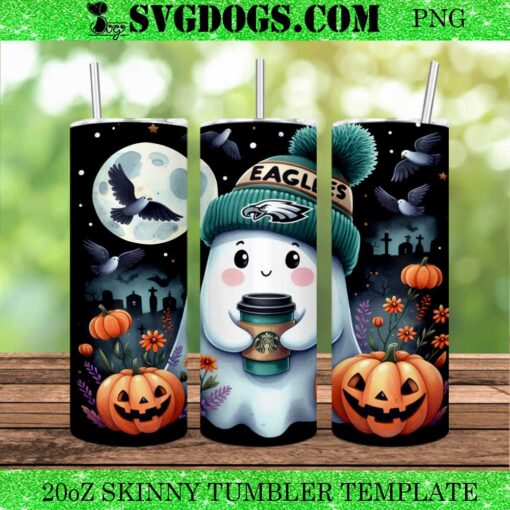 Halloween Ghost Philadelphia Eagles 20oz Tumbler Wrap PNG, Starbucks NFL Tumbler Wrap PNG