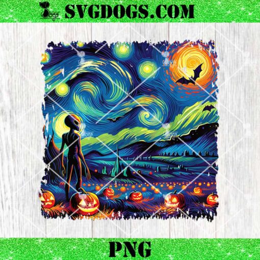 Van Gogh Starry Night Alien Man Halloween Fall Pumpkin Bats PNG