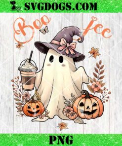 Boo Jee Ghost Ice Coffee Coquette Bow Halloween PNG, Halloween Ghost Drinking Coffee PNG