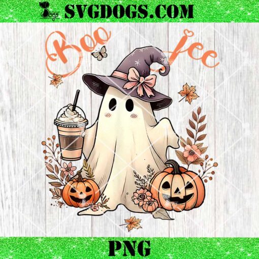 Boo Jee Ghost Ice Coffee Coquette Bow Halloween PNG, Halloween Ghost Drinking Coffee PNG