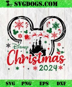 Disney Christmas 2024 SVG, Snowflake Mickey Minnie Mouse Head Disneyland Castle SVG PNG