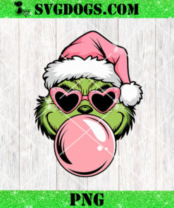 Pink Christmas Grinch Blowing Bubble Heart Sunglasses PNG, Pink Christmas Grinch Blowing PNG