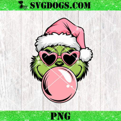 Pink Christmas Grinch Blowing Bubble Heart Sunglasses PNG, Pink Christmas Grinch Blowing PNG