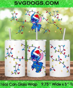 Stitch Christmas Lights PNG, 16oz Libbey Glass Can Wrap