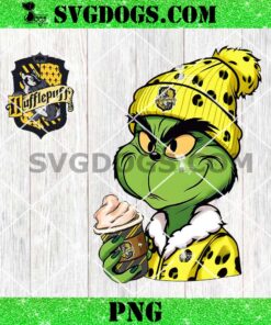 Grinch Hufflepuff PNG, Harry Potter Leopard Grinch Drink Coffee PNG, HP Grinch Christmas PNG