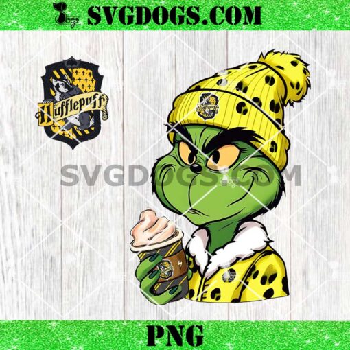 Grinch Hufflepuff PNG, Harry Potter Leopard Grinch Drink Coffee PNG, HP Grinch Christmas PNG