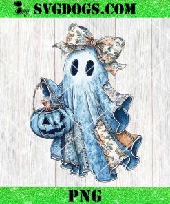 Halloween Blue Denim Ghost PNG, Coquette Blue Floral Halloween Bow Ghost PNG