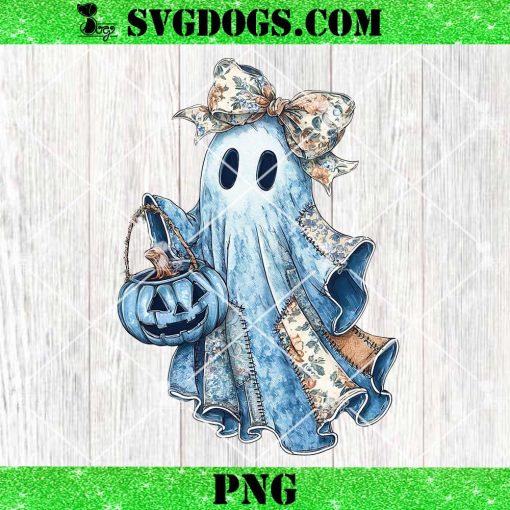 Halloween Blue Denim Ghost PNG, Coquette Blue Floral Halloween Bow Ghost PNG