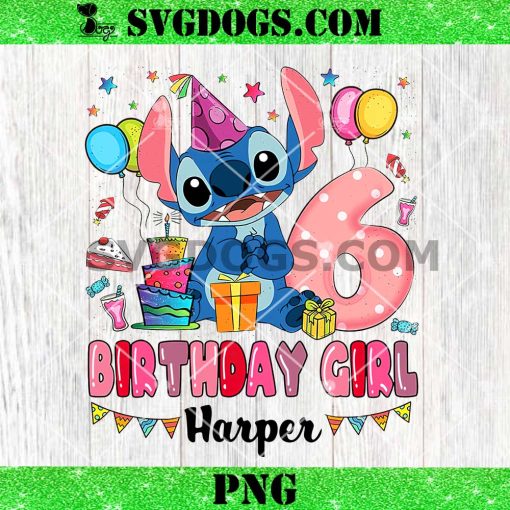 Stitch 6th Birthday Girl Harper PNG, Disney Stitch Personalized Birthday PNG
