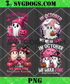 In October We Wear Pink Ghost PNG Bundle, Witch Breast Cancer Awareness PNG