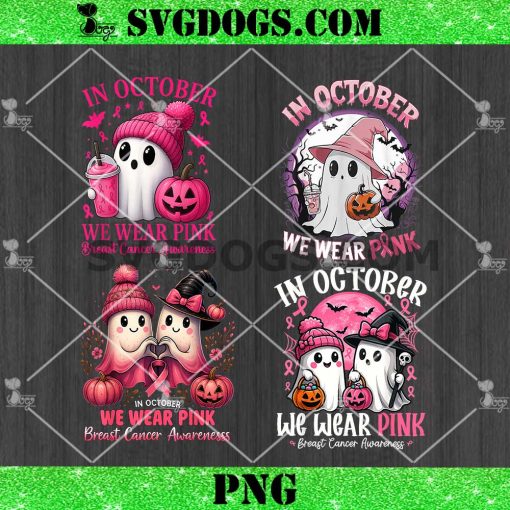 In October We Wear Pink Ghost PNG Bundle, Witch Breast Cancer Awareness PNG